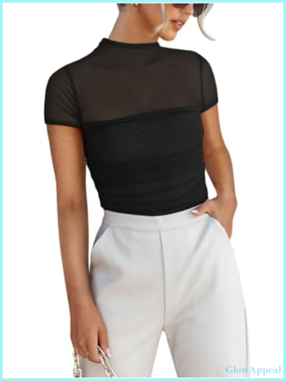 Mock Turtle Neck Short Sleeve Mesh Ruched Bodysuit